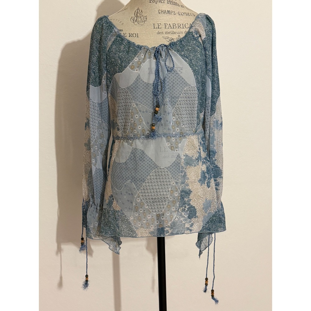 Vintage Y2K Mudd Patchwork Floral Peasant Top XL Long Sleeve Boho Tassel Blouse